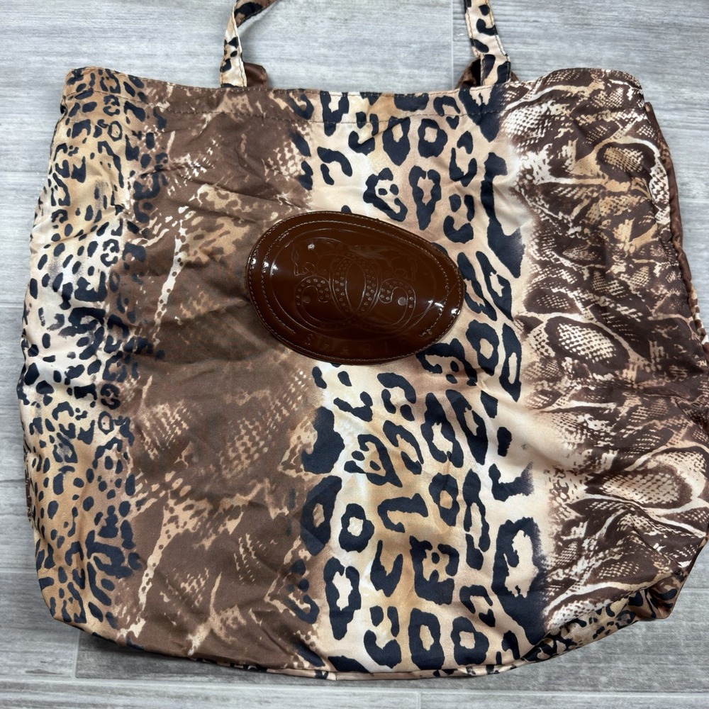 SHARIF Leopard Cheetah Animal Print Nylon Large Shopping Tote Bag Brown & Tan